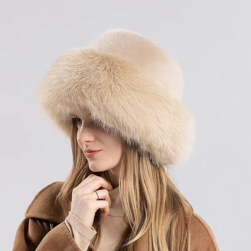 Women Winter Hat Thickened Artificial Rabbit Hair Bucket Hat Warm Earwarmer Earmuff Russia Cossack Hat Fur Outdoor Ski Cap