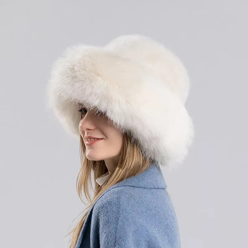 Women Winter Hat Thickened Artificial Rabbit Hair Bucket Hat Warm Earwarmer Earmuff Russia Cossack Hat Fur Outdoor Ski Cap