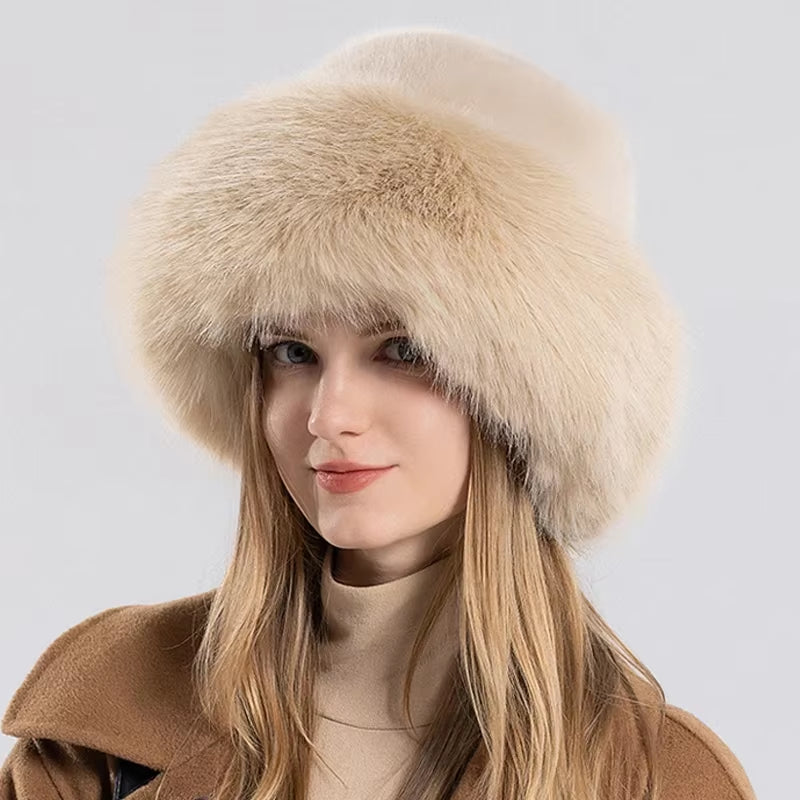 Women Winter Hat Thickened Artificial Rabbit Hair Bucket Hat Warm Earwarmer Earmuff Russia Cossack Hat Fur Outdoor Ski Cap